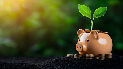 BCG Piggy bank with a plant growing from it, symbolizing savings and growth. Green Economy concept.
