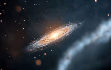 Obraz premium Spiral galaxy with bright core, swirling arms of stars and gas, set against a dark background with distant stars and nebulae. Detailed digital illustration