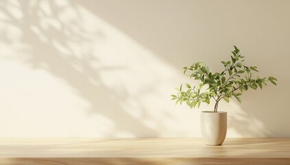 Small Potted Plant on a Wooden Table with Light and Shadow on a Beige Wall