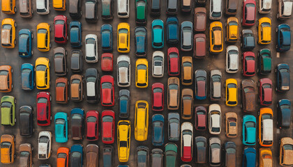 Aerial View of Colorful Cars Parked in Tight Rows