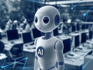 Futuristic AI robot in a modern office environment.