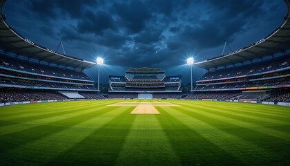 A breathtaking cricket stadium under a dramatic twilight sky where anticipation and excitement for the big match build in wide angle cinematic views
