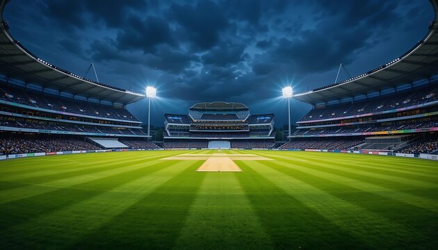 A breathtaking cricket stadium under a dramatic twilight sky where anticipation and excitement for the big match build in wide angle cinematic views