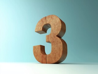 Wooden number three against a blue background.