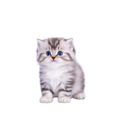 A fluffy gray and white kitten with blue eyes sits against plain background, looking curious and adorable. kitten soft fur and innocent expression make it irresistibly cute