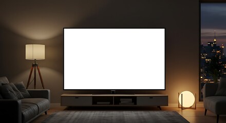 Modern Living Room TV Mockup with Warm Evening Ambiance – Blank Screen Display Template