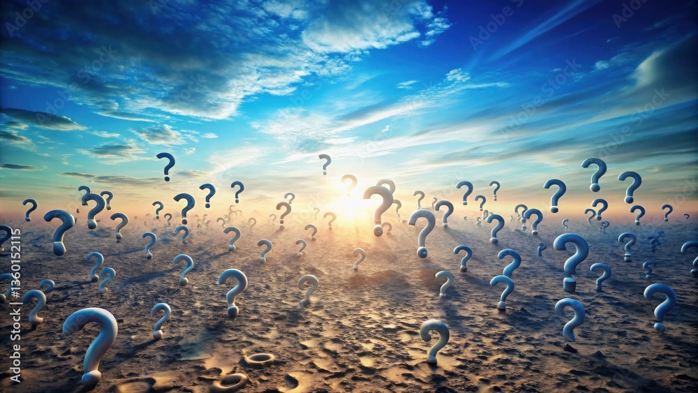 Poster a vast expanse of uncertainty numerous question marks scattered across a desolate landscape, bathed 