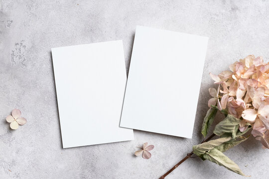 Two sides wedding invitation or greeting card mockup with dried hydrangea flowers decor on grey concrete background, copy space