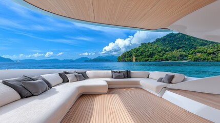 Fototapeta premium Luxury Yacht Deck Overlooking Tropical Island Seascape