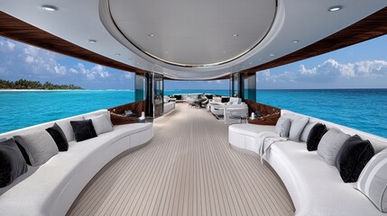 Fototapeta premium Luxury Yacht Interior with Ocean View White Seating, Speckled Floor