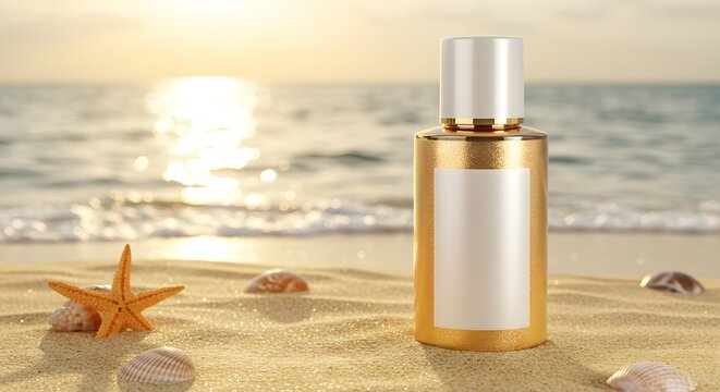 Golden Sunscreen Bottle on Sandy Beach at Sunset with Seashells and Starfish