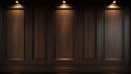 Elegant dark brown wood paneling wall with subtle lighting, creating a rich and luxurious atmosphere.