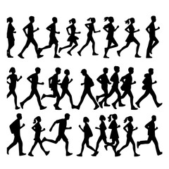 A set of vector icon symbols featuring sports people, including joggers and athletes in motion. The icons are designed in a minimalistic and modern	
