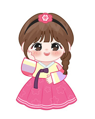 Adorable Chibi Girl in Pink and Purple Hanbok – Korean Culture