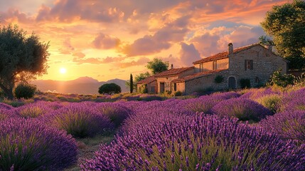 Beautiful lavender field with long purple rows, Generative AI