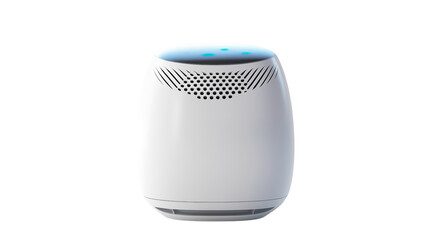 A white air purifier with blue lights on a black background