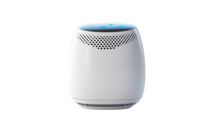 A white air purifier with blue lights on a black background