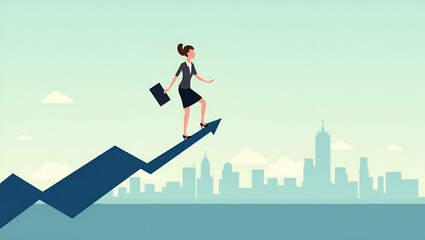 Flat Attractive European Businesswoman Balancing on Abstract Falling Blue Arrow: A Cute Vector Illustration Symbolizing Crisis, Inflation, and Finance Against a City Skyline