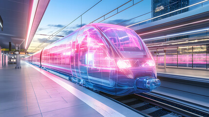 A futuristic train at a station emitting vibrant pink and blue hues. This image could be used for sci-fi art futuristic tech or transportation concepts.