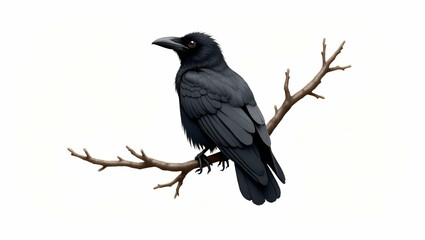 Spooky Black Raven Perched on Branch: Detailed Watercolor Illustration on White Background - Unique Flat Halloween Art for Your Seasonal Decor and Creative Projects