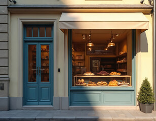 Illustration of bakery shop facade with blue door, window. Various pastries displayed inside, creating cozy inviting atmosphere. Building exterior, urban scene, vintage aesthetic. Good for food,