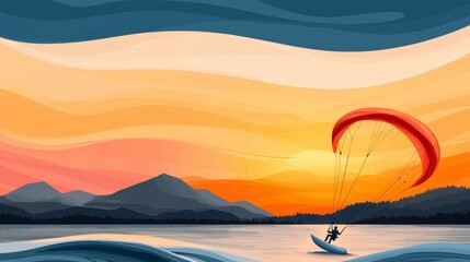 Pixel Art Kitesurfer at Sunset Over Ocean