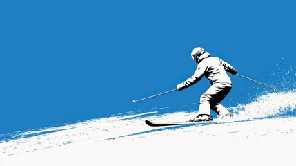Pixel Art Skier Descending Snowy Slope, Blue Sky Background
