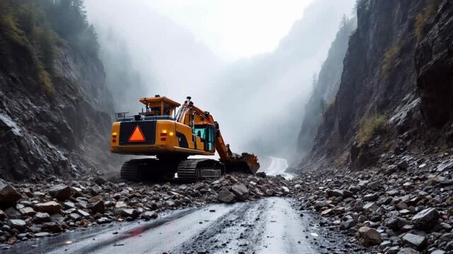 Powerful Excavator Digs Through Fallen Rocks and Debris on Steep Mountain Road with Mist Rolling Over and Tension from Steep Cliffs