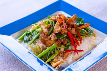 Stir Fried Crispy Pork with Kale and Rice