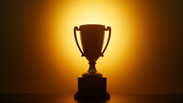 Flat Backlit silhouette triumph gold trophy brand victory synergy recognition marketing champion attitude encourages consumer trust concept as Dramatic pose underscores achievement brand leadership fo