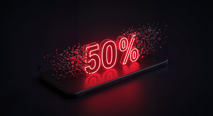 Neon 50% Discount Display on Smartphone with Sparkling Effects