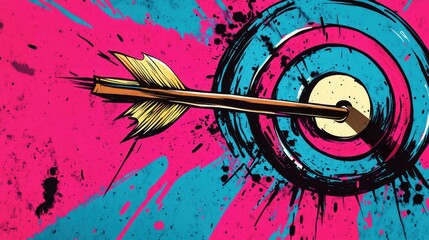 Pop art illustration of a target with an arrow hitting the bullseye on a vibrant pink and blue background, symbolizing success, focus, and achievement.