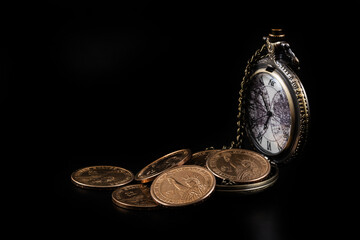 US $1 Coins and Pocket Watch on Black Background