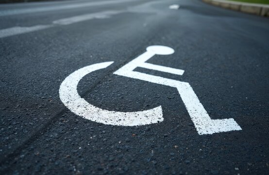 White wheelchair symbol painted on asphalt. Handicap parking space on street. Sign indicates accessibility for disabled persons, reserved for with mobility issues. Road marking for cars. Awareness