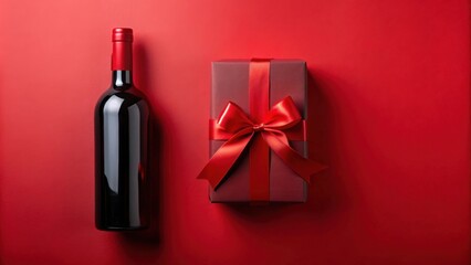 A bottle of red wine and a dark-red gift box with a satin ribbon bow, arranged on a crimson background