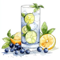Refreshing Watercolor Summer Drink with Blueberries and Citrus