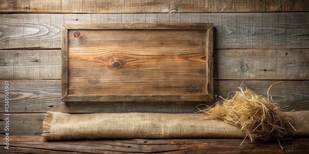 Aufkleber rustic wooden frame with burlap and hay on weathered planks