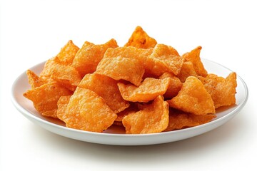 On a white platter are delectable, crunchy pakora appetizers. On a white backdrop, a delicious food dish is isolated and used as a light snack or appetizer.  Generative Ai