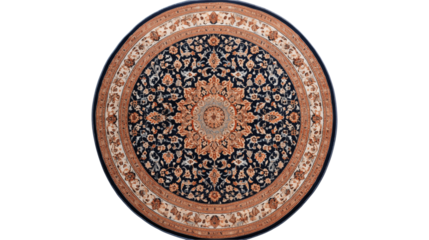 Overhead shot of an ornate round rug with floral patterns