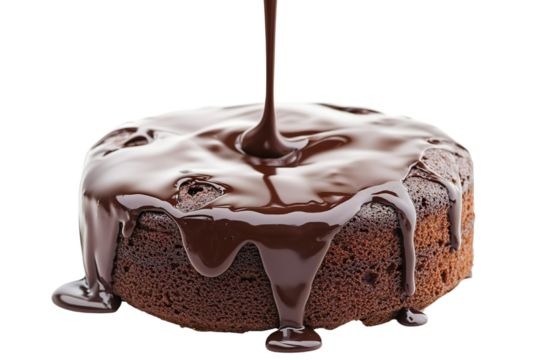 Melted chocolate on a cake isolated on transparent png background.
