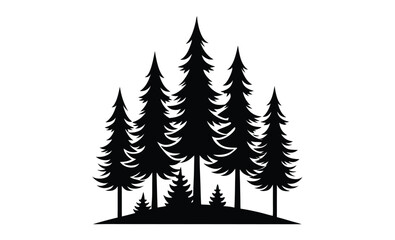 Obraz premium Pine tree forest front silhouette, Forest icon, Pine trees, Black silhouette, Horizontal front side view, Vector simple flat graphic hand drawn illustration, Isolated object on white background