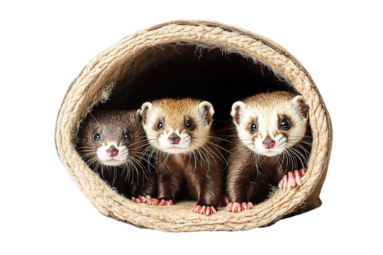 Ferret in a basket isolated on transparent png background.