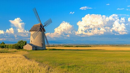 Fototapeta premium Rustic Stone Windmill in a Golden Wheat Field Under a Blue Sky