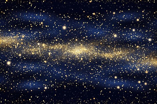 Elegant dark blue background with golden glittering sparkles, cosmic shiny texture
