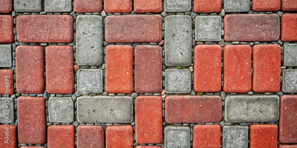 Fototapete red and gray paving stone pattern, interlocking bricks texture background