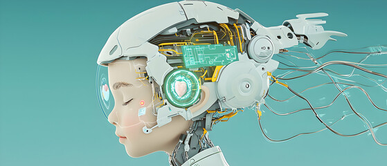 Naklejka premium A futuristic image of a person with cybernetic enhancements. The tech is seamlessly integrated suggesting medical monitoring or AI interaction. Ideal for sci-fi designs.