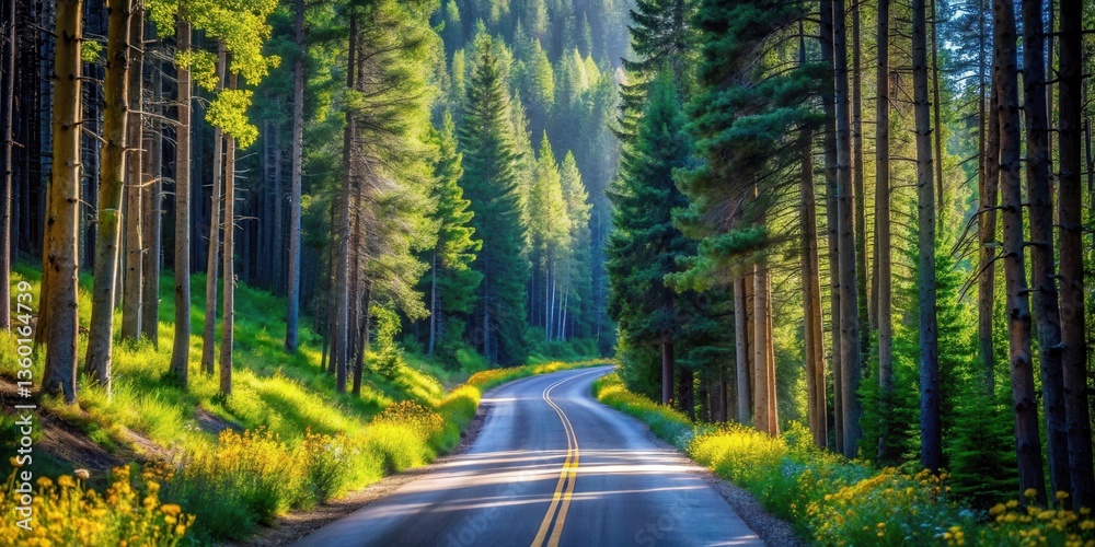 Poster scenic winding road through a lush evergreen forest with sunlight streaming through the trees