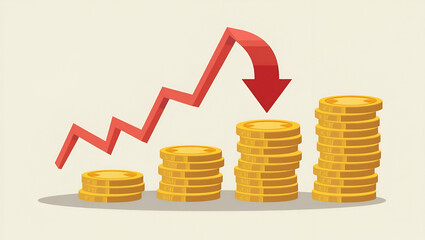 Visual Representation of Inflation and Stagflation: Flat Coin Stacks with Red Downward Arrow