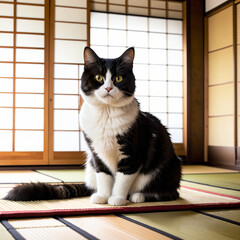 a cute cat sitting inside a traditional Japanese house