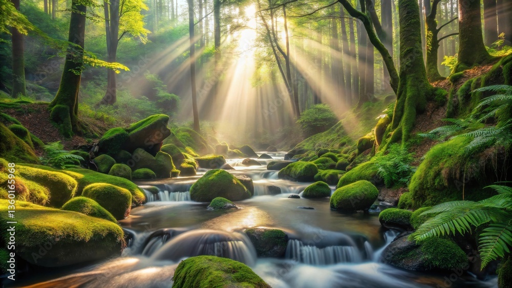 Aufkleber Sunlit Stream in a Mossy Forest with Sunbeams Filtering Through the Trees